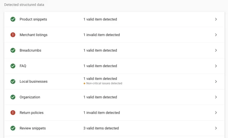 Скриншот отчёт Product snippets валидные элементы, предупреждения, ошибки